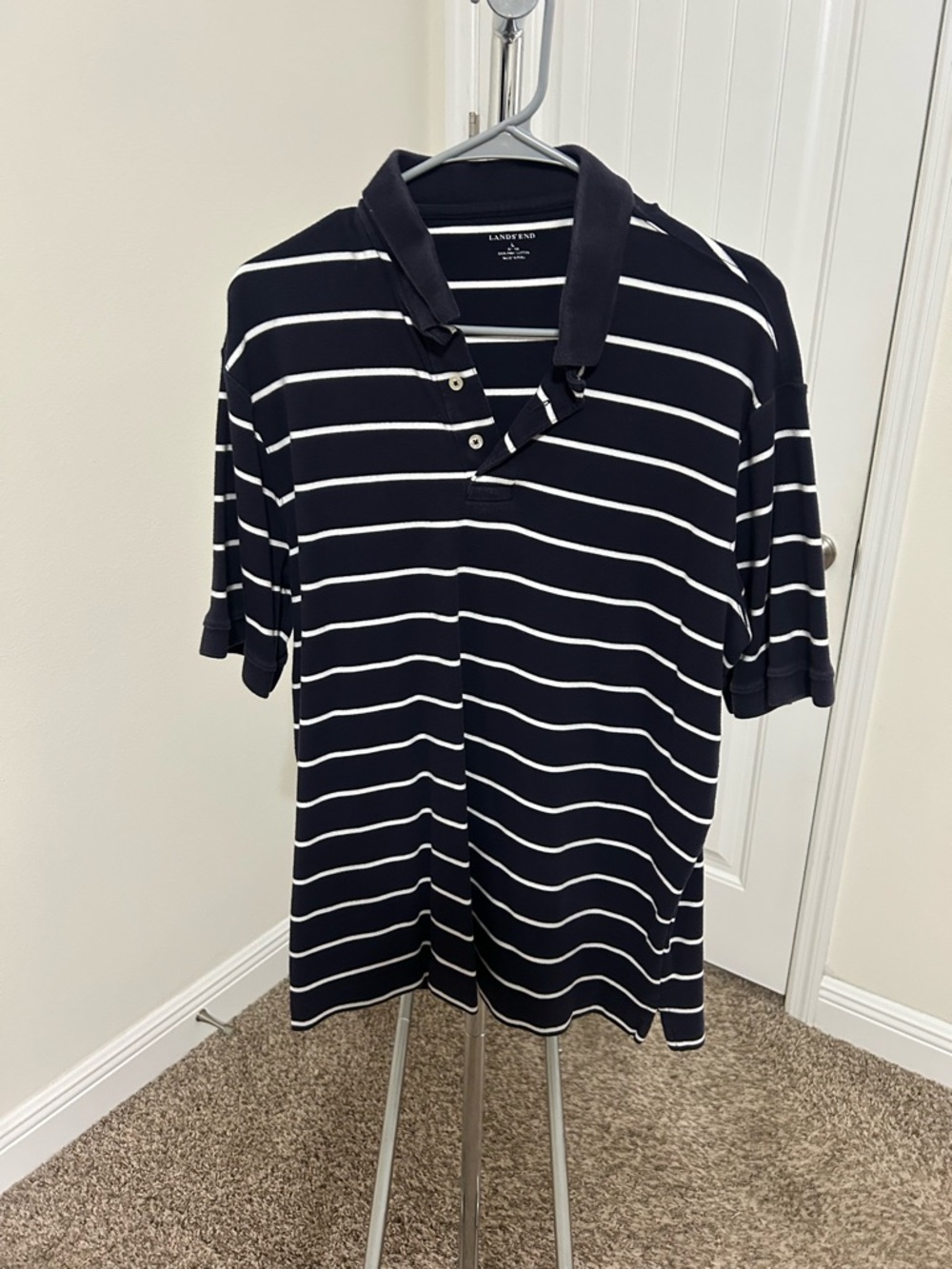 Lands' End Navy and White Horizontal Stripe Polo